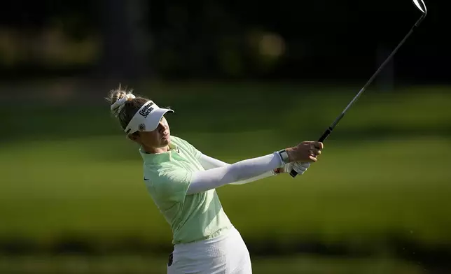 Nelly Korda this from the fifth fairway during the first round of the Chevron Championship LPGA golf tournament Thursday, April 18, 2024, at The Club at Carlton Woods, in The Woodlands, Texas. (AP Photo/Eric Gay)