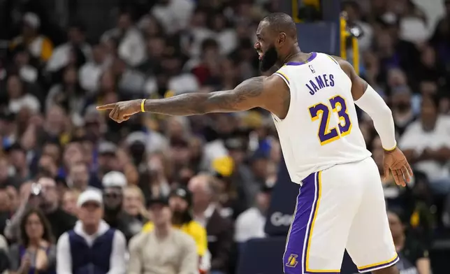 Los Angeles Lakers forward LeBron James yells against the Denver Nuggets during the first half in Game 1 of an NBA basketball first-round playoff series Saturday, April 20, 2024, in Denver. (AP Photo/Jack Dempsey)