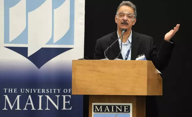 Habib Dasher, director of UMaine's Advanced Structures &amp; Composite Center, speaks at the unveiling of the world's largest 3D printer, Tuesday, April 23, 2024, at the University of Maine, in Orono, Maine. (AP Photo/Robert F. Bukaty)