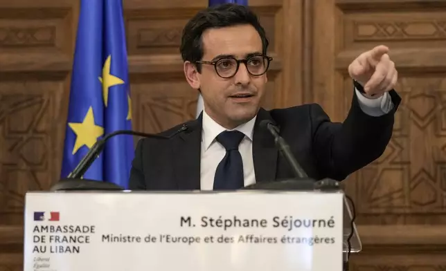 French Foreign Minister Stephane Sejourne, gestures as he speaks during a press conference at the Pine Palace, which is the residence of the French ambassador, in Beirut, Lebanon, Sunday, April 28, 2024. (AP Photo/Hassan Ammar)