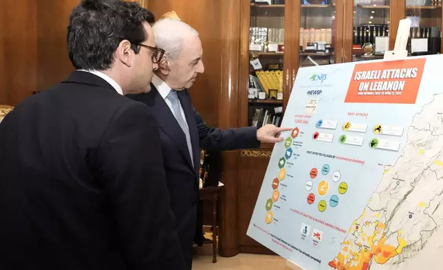 Lebanese Parliament Speaker Nabih Berri, right, shows a map that details Israel's strikes on Lebanon since Oct. 7, to visiting French Foreign Minister Stephane Sejourne during their meeting, in Beirut, Lebanon, Sunday, April 28, 2024. (AP Photo/Hassan Ammar)