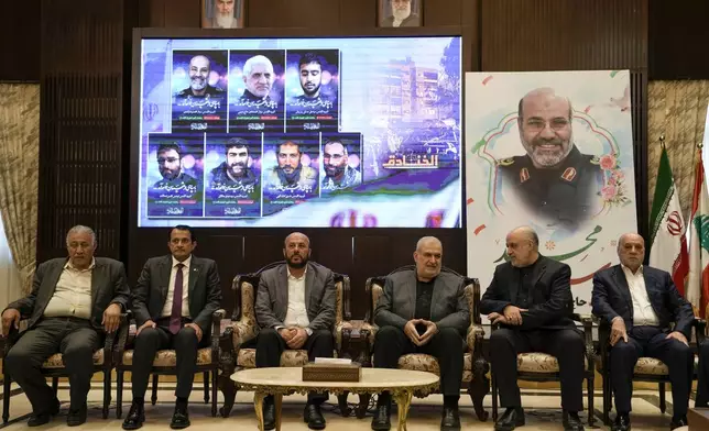 Iranian Ambassador to Lebanon, Mojtaba Amani, second right, speaks with the head of Hezbollah's parliamentary bloc, Mohammed Raad, third right, Qatari Ambassador to Lebanon, Sheikh Saud bin Abdul Rahman bin Faisal Thani Al Thani, second left, and Hamas representative in Lebanon Ahmad Abdul-Hadi, third left, as he receives condolences for the death of the Iranian Revolutionary Guard Gen. Mohammad Reza Zahedi, who led the Iranian Revolutionary Guard's Quds Force in Lebanon and Syria until 2016, and six other Iranian military officials at the Iranian embassy in Beirut, Lebanon, Monday, April 8, 2024. An Israeli airstrike that demolished Iran's consulate in Syria on last Monday killed two Iranian generals and five officers, according to Iranian officials. The strike appeared to signify an escalation of Israel's targeting of military officials from Iran, which supports militant groups fighting Israel in Gaza, and along its border with Lebanon. (AP Photo/Hassan Ammar)