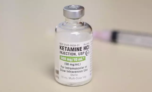 FILE - A vial of ketamine is displayed for a photograph in Chicago on July 25, 2018. An investigation led by The Associated Press published in 2024, has found the practice of giving sedatives to people detained by police spread quietly over the last 15 years, built on questionable science and backed by police-aligned experts. (AP Photo/Teresa Crawford, File)
