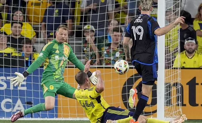 Nashville SC goalkeeper Joe Willis (1) and defender Brent Kallman (44) block a shot on goal by San Jose Earthquakes forward Preston Judd (19) during the second half of an MLS soccer match Saturday, April 27, 2024, in Nashville, Tenn. The Earthquakes and Nashville played to a 1-1 draw. (AP Photo/George Walker IV)