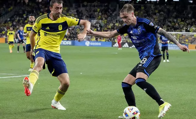 San Jose Earthquakes forward Benji Kikanović, right, tries to get the ball past Nashville SC defender Jack Maher, left, during the first half of an MLS soccer match Saturday, April 27, 2024, in Nashville, Tenn. (AP Photo/George Walker IV)