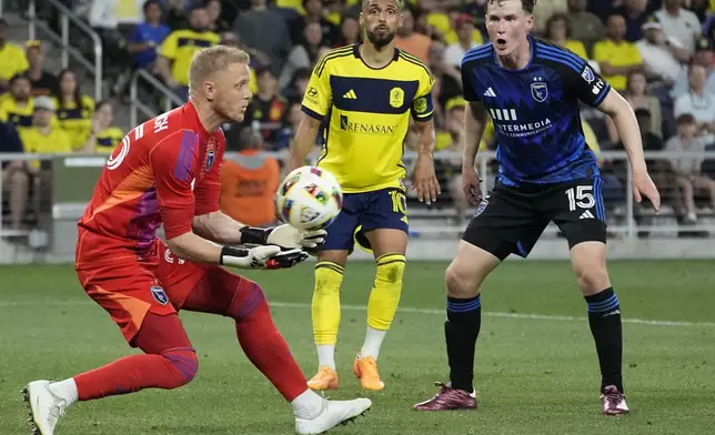 San Jose Earthquakes goalkeeper William Yarbrough, left, catches the ball during the second half of an MLS soccer match against Nashville SC, Saturday, April 27, 2024, in Nashville, Tenn. The Earthquakes and Nashville played to a 1-1 draw. (AP Photo/George Walker IV)