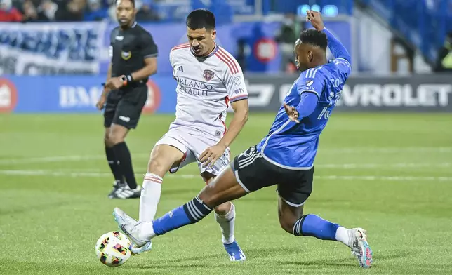 CF Montreal's Mason Toye, right, defends against Orlando City's Cesar Araujo during the first half of an MLS soccer match Saturday, April 20, 2024, in Montreal. (Graham Hughes/The Canadian Press via AP)