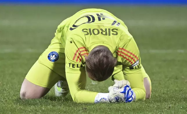 CF Montreal goalkeeper Jonathan Sirois reacts after being scored against late in the second half by Orlando City's Ivan Angulo during an MLS soccer match in Montreal, Saturday, April 20, 2024. (Graham Hughes/The Canadian Press via AP)