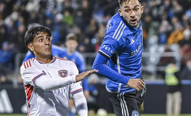 CF Montreal's Mathieu Choiniere, right, clears the ball as Orlando City's Facundo Torres moves in during the first half of an MLS soccer match Saturday, April 20, 2024, in Montreal. (Graham Hughes/The Canadian Press via AP)