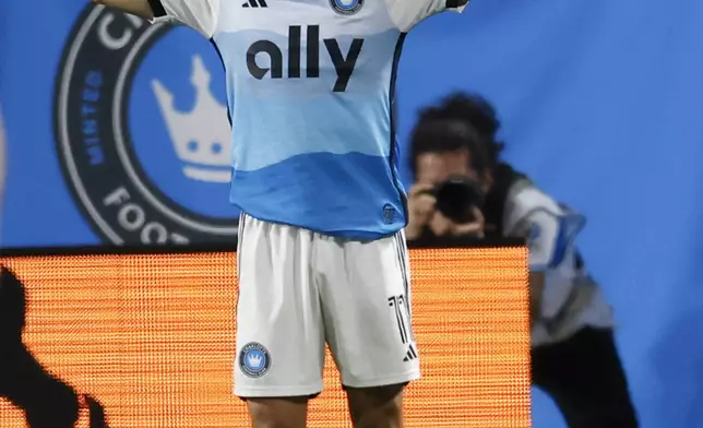 Charlotte FC forward Liel Abada reacts after scoring a second-half goal against Toronto FC during an MLS soccer match in Charlotte, N.C., Saturday, April 13, 2024. (AP Photo/Nell Redmond)
