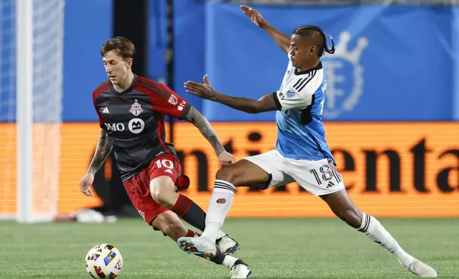 Toronto FC forward Federico Bernardeschi, left, and Charlotte FC forward Kerwin Vargas work for the ball during the second half of an MLS soccer match in Charlotte, N.C., Saturday, April 13, 2024. (AP Photo/Nell Redmond)