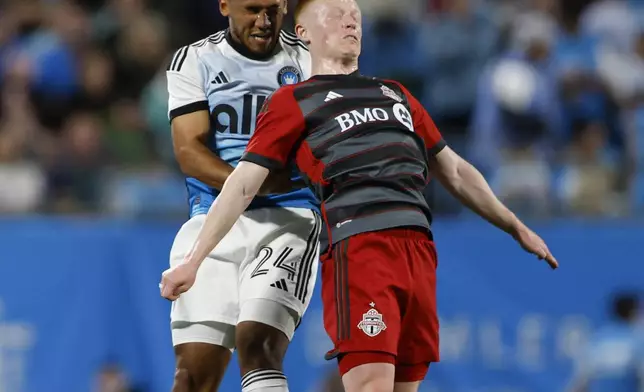 Charlotte FC defender Jaylin Lindsey, left, and Toronto FC midfielder Matty Longstaff jump for a head ball during the first half of an MLS soccer match in Charlotte, N.C., Saturday, April 13, 2024. (AP Photo/Nell Redmond)