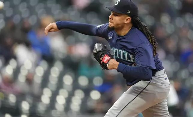 Seattle Mariners starting pitcher Luis Castillo works against the Colorado Rockies in the first inning of a baseball game Saturday, April 20, 2024, in Denver. (AP Photo/David Zalubowski)