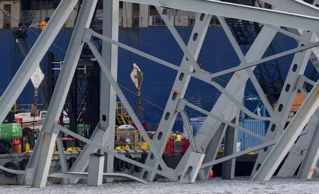 Salvage work continues on the collapsed Francis Scott Key Bridge, Thursday, April 25, 2024, in Baltimore. (AP Photo/Matt Rourke)