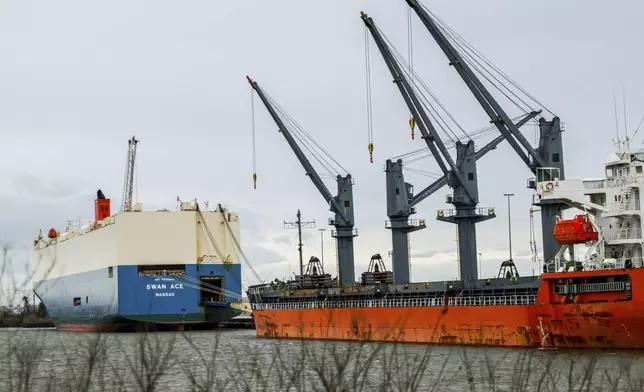 Ships are unloaded at Tradepoint Atlantic, Friday, April 12, 2024, in Sparrows Point, Md. (AP Photo/Julia Nikhinson)