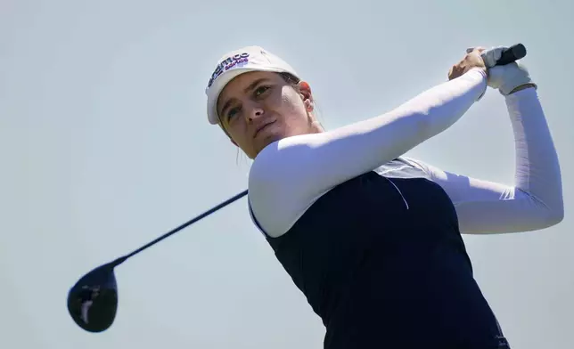 FILE - Stephanie Kyriacou, of Australia, tees off on the 13th hole during the first round of the ShopRite LPGA Classic golf tournament, Friday, June 10, 2022, in Galloway, N.J. Kyriacou has always been conscious about the effects of the sun. (AP Photo/Matt Rourke)
