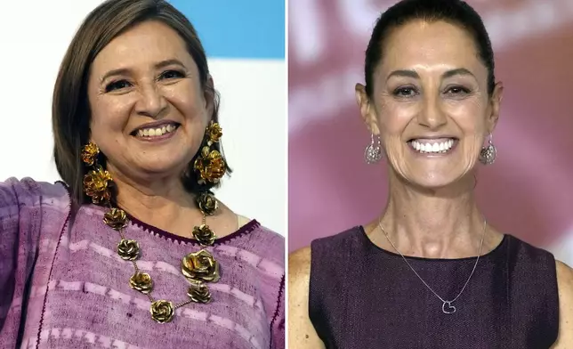 FILES - This combination of two file photos shows Xochitl Galvez, at left, arriving to register her name as a presidential candidate on July 4, 2023 in Mexico City, and at right, Claudia Sheinbaum at an event that presented her as her party's presidential nominee on Sept. 6, 2023 in Mexico City. In a country of more than 98 million Catholics, neither Galvez or Sheinbaum has shared specific proposals on abortion. (AP Photo/Fernando Llano, Files)