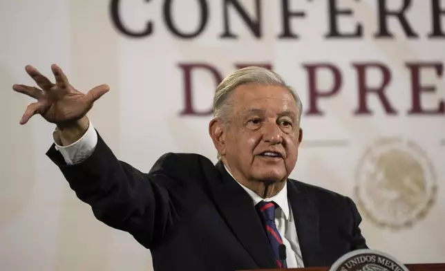 Mexican President Andres Manuel Lopez Obrador gives his regularly scheduled morning press conference at the National Palace in Mexico City, Tuesday, April 16, 2024. (AP Photo/Marco Ugarte)