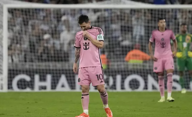 Inter Miami's Lionel Messi reacts after Monterrey's German Berterame scoring his side's second goal during a CONCACAF Champions Cup quarter final second leg soccer match at the BBVA stadium in Monterrey, Mexico, Wednesday, April 10, 2024. (AP Photo/Eduardo Verdugo)
