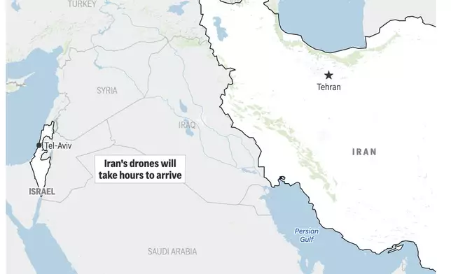 The following map locates Israel and Iran after Iran has fired drones at Israel (AP Graphic)