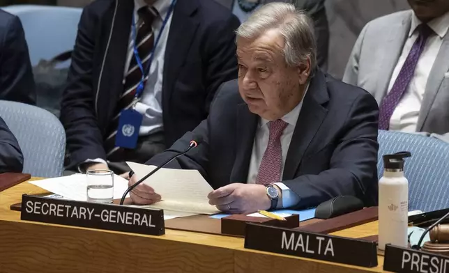 United Nations Secretary-General Antonio Guterres addresses the United Nations Security Council during an emergency meeting at U.N. headquarters, Sunday, April 14, 2024. (AP Photo/Yuki Iwamura)