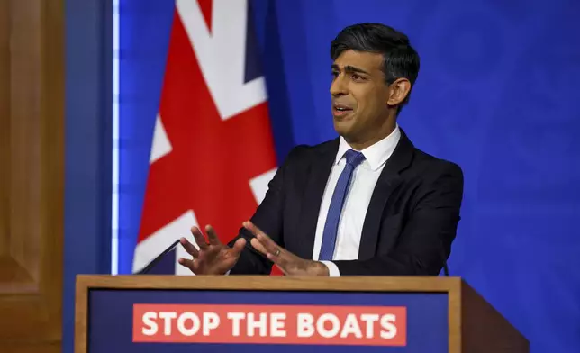 British Prime Minister Rishi Sunak speaks during a press conference at Downing Street in London, Monday, April 22, 2024. Sunak pledged Monday that the country’s first deportation flights to Rwanda could leave in 10-12 weeks as he promised to end the Parliamentary deadlock over a key policy promise before an election expected later this year. (Toby Melville/Pool Photo via AP)