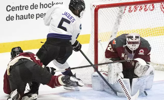 Montreal goaltender Elaine Chuli (20) makes a save against Minnesota's Sofie Jaques (5) as Montreal's Marie-Philip Poulin defends during the third period of a PWHL hockey game Thursday, April 18, 2024, in Montreal. (Christinne Muschi/The Canadian Press via AP)