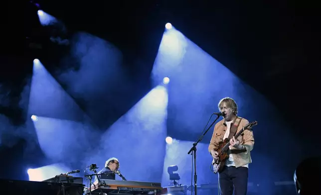 Keyboardist Page McConnell, left, and Trey Anastasio, guitarist and singer-songwriter of the band Phish, rehearse before the group's four-night engagement at the Sphere on Tuesday, April 16, 2024, in Las Vegas. (AP Photo/David Becker)