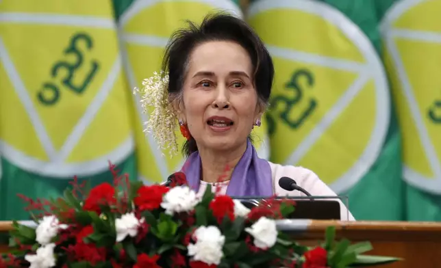 FILE - Myanmar's then leader Aung San Suu Kyi delivers a speech during a meeting on implementation of Myanmar Education Development in Naypyidaw, Myanmar, Jan. 28, 2020. Myanmar’s military says Suu Kyi has been moved from prison to house arrest as health measure due to a heat wave. (AP Photo/Aung Shine Oo, File)