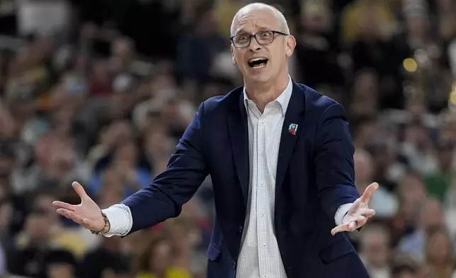 UConn head coach Dan Hurley reacts during the first half of the NCAA college Final Four championship basketball game against Purdue, Monday, April 8, 2024, in Glendale, Ariz. (AP Photo/David J. Phillip)