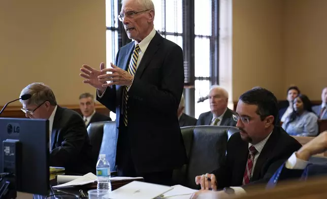 Attorney Richard Harlow, who represents The Tennessean, presents arguments to release the journals and documents related to the Covenant School shooter case to the public Tuesday, April 16, 2024, in Nashville, Tenn. (AP Photo/George Walker IV)