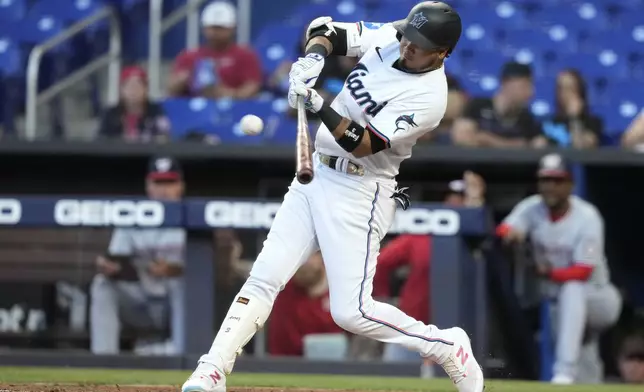 Miami Marlins' Luis Arraez hits a double during the third inning of a baseball game against the Washington Nationals, Monday, April 29, 2024, in Miami. (AP Photo/Lynne Sladky)