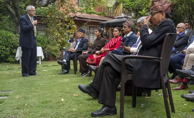 Ambassador of Israel to Nepal, Hanan Goder, speaks to an assembly at his residence in Kathmandu, during which family members of a Nepalese man who is still being held captive by Hamas, appealed for his prompt release in Kathmandu, Nepal, Thursday, April 18, 2024. (AP Photo/Niranjan Shrestha)