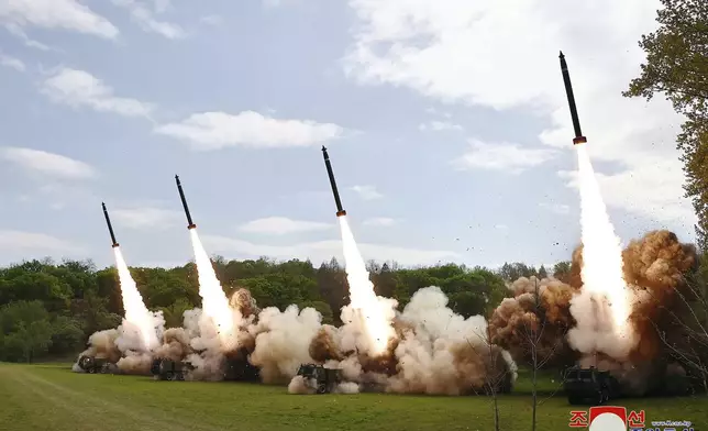 This photo provided by the North Korean government, shows what it says rocket drills that simulate a nuclear counterattack against enemies, at an undisclosed place in North Korea Monday, April 22, 2024. Independent journalists were not given access to cover the event depicted in this image distributed by the North Korean government. The content of this image is as provided and cannot be independently verified. Korean language watermark on image as provided by source reads: "KCNA" which is the abbreviation for Korean Central News Agency. (Korean Central News Agency/Korea News Service via AP)