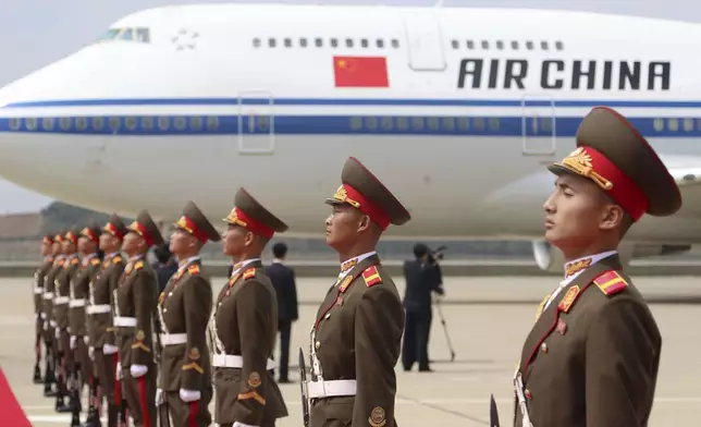An airplane carrying a Chinese delegation headed by Zhao Leji, chairman of the National People’s Congress of China and considered the No. 3 official in the ruling Communist Party, arrives at the Pyongyang International Airport in Pyongyang, North Korea, Thursday, April 11, 2024. (AP Photo/Cha Song Ho)