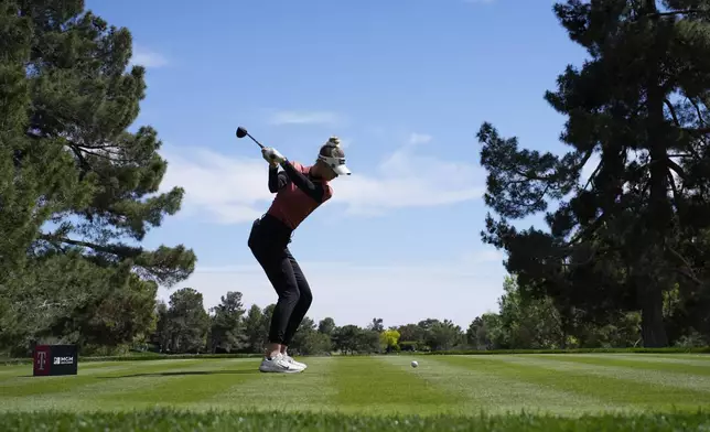 FILE - Nelly Korda hits off the second tee during the final round of the LPGA T-Mobile Match Play golf tournament Sunday, April 7, 2024, in North Las Vegas, Nev. (AP Photo/John Locher, File)