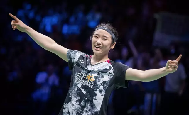 FILE South Korea's An Se-young celebrates after the Women's final singles match against Spain's Carolina Marin, of the BWF World Championship, at the Royal Arena, in Copenhagen, Denmark, Sunday, Aug. 27, 2023. (Mads Claus Rasmussen/Ritzau Scanpix via AP, File)