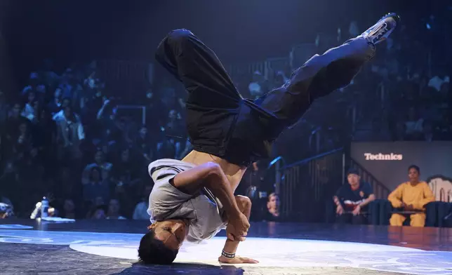 FILE - Victor Montalvo, also known as B-Boy Victor, of the United States, competes in the B-boy Red Bull BC One World Final at Hammerstein Ballroom on Saturday, Nov. 12, 2022, in Manhattan, New York. The International Olympic Committee announced two years ago that breaking would become an official Olympic sport, a development that divided the breaking community between those excited for the larger platform and those concerned about the art form's purity. (AP Photo/Andres Kudacki, File)
