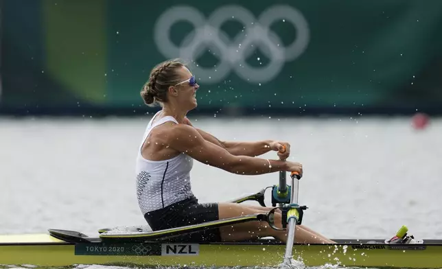 FILE - Emma Twigg, of New Zealand competes in the women's rowing single sculls final at the 2020 Summer Olympics, Friday, July 30, 2021, in Tokyo, Japan. (AP Photo/Lee Jin-man, File)