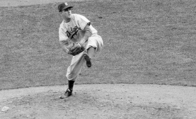 FILE - Brooklyn Dodgers' Carl Erskine pitches against the New York Yankees in Game 5 of the baseball World Series in New York, Oct. 5, 1952. Carl Erskine, who pitched two no-hitters as a mainstay on the Brooklyn Dodgers and was a 20-game winner in 1953 when he struck out a then-record 14 in the World Series, died Tuesday, April 16, 2024, at Community Hospital Anderson in Anderson, Indiana, according to Michele Hockwalt, the hospital’s marketing and communication manager. He was 97. (AP Photo, File)