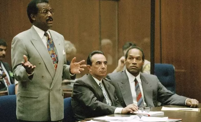 FILE - Johnnie Cochran Jr. addresses the court during a hearing for O.J. Simpson in Los Angeles, July 29, 1994. Simpson, the decorated football superstar and Hollywood actor who was acquitted of charges he killed his former wife and her friend but later found liable in a separate civil trial, has died. He was 76. (AP Photo/Pool/Nick Ut, File)