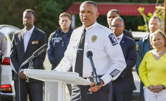 Charlotte-Mecklenburg Police Chief Johnny Jennings speaks at a press conference after multiple officers were shot while serving a warrant in Charlotte, N.C., Monday, April 29, 2024. (AP Photo/Nell Redmond)