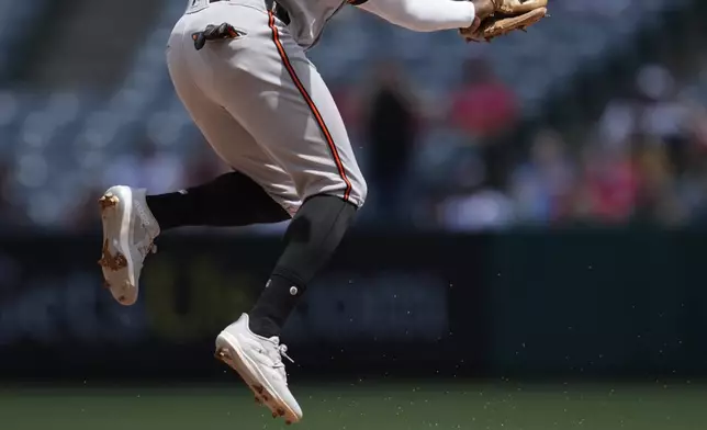 Los Angeles Angels' Luis Rengifo, bottom, steals second ahead of a throw to Baltimore Orioles second baseman Jorge Mateo during the third inning of a baseball game in Anaheim, Calif., Wednesday, April 24, 2024. (AP Photo/Ashley Landis)