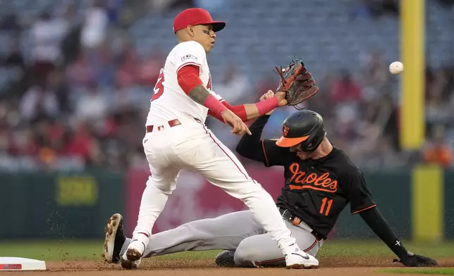 Baltimore Orioles' Jordan Westburg, right, steals second as Los Angeles Angels shortstop Ehire Adrianza takes a late throw during the first inning of a baseball game Monday, April 22, 2024, in Anaheim, Calif. (AP Photo/Mark J. Terrill)