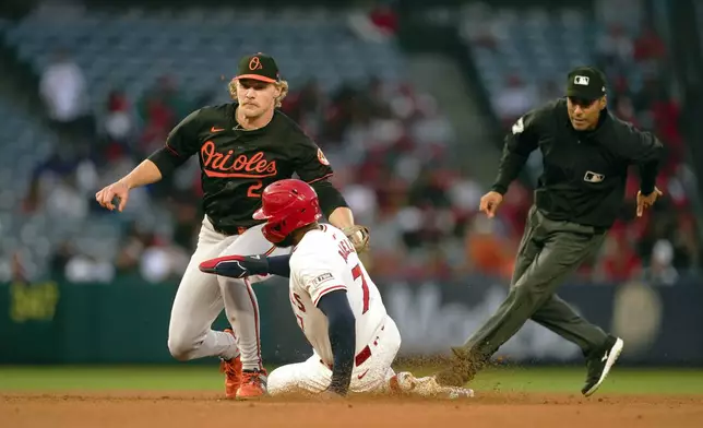 Baltimore Orioles shortstop Gunnar Henderson, left, picks off Los Angeles Angels' Jo Adell stealing second during the third inning of a baseball game, Tuesday, April 23, 2024, in Anaheim, Calif. (AP Photo/Ryan Sun)