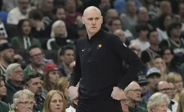 Indiana Pacers head coach Rick Carlisle reacts during the first half of Game 1 of the NBA playoff basketball game Sunday, April 21, 2024, in Milwaukee. (AP Photo/Morry Gash)