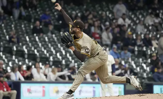 San Diego Padres pitcher Dylan Cease throws during the first inning of a baseball game against the Milwaukee Brewers Tuesday, April 16, 2024, in Milwaukee. (AP Photo/Morry Gash)