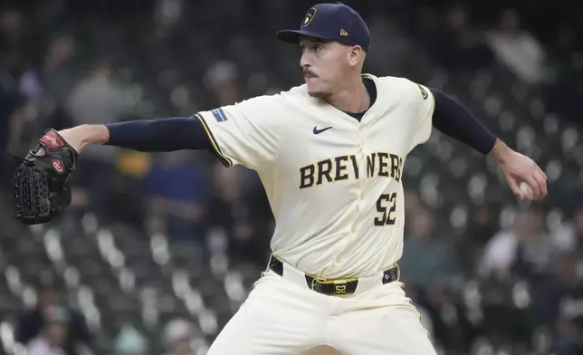 Milwaukee Brewers' Bryan Hudson throws during the fourth inning of a baseball game against the San Diego Padres Wednesday, April 17, 2024, in Milwaukee. (AP Photo/Morry Gash)
