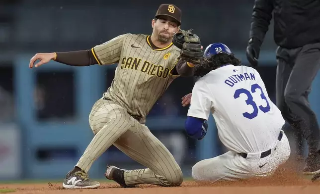 Los Angeles Dodgers' James Outman, right, steals second base past San Diego Padres second baseman Tyler Wade during the fourth inning of a baseball game Saturday, April 13, 2024, in Los Angeles. (AP Photo/Marcio Jose Sanchez)