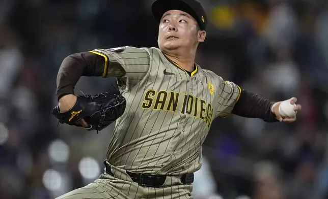 San Diego Padres relief pitcher Yuki Matsui works against the Colorado Rockies in the seventh inning of a baseball game Wednesday, April 24, 2024, in Denver. (AP Photo/David Zalubowski)